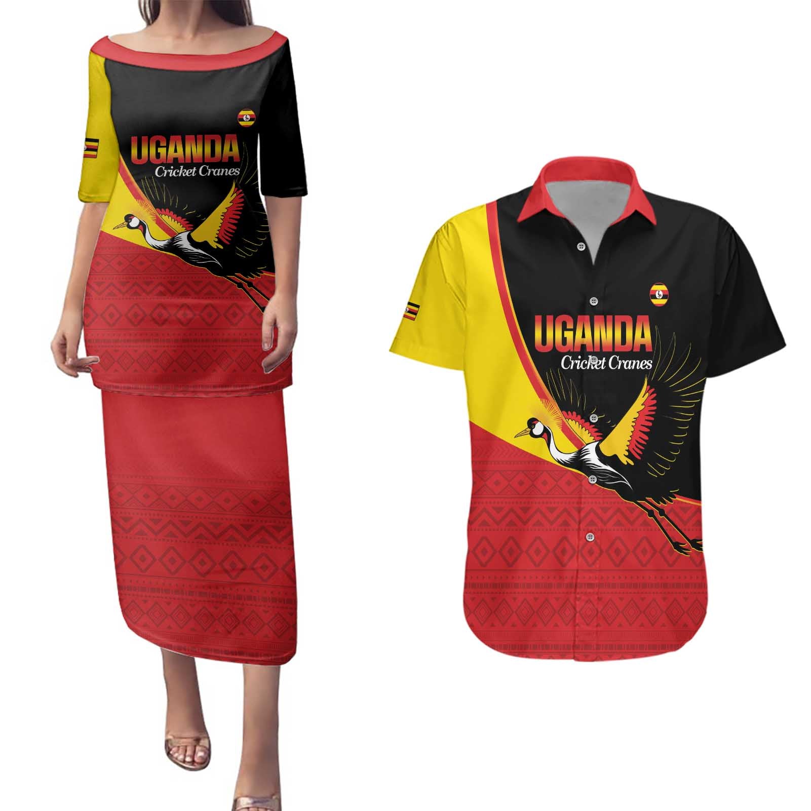 Custom Uganda Cricket Couples Matching Puletasi and Hawaiian Shirt Go Cranes African Pattern - Wonder Print Shop