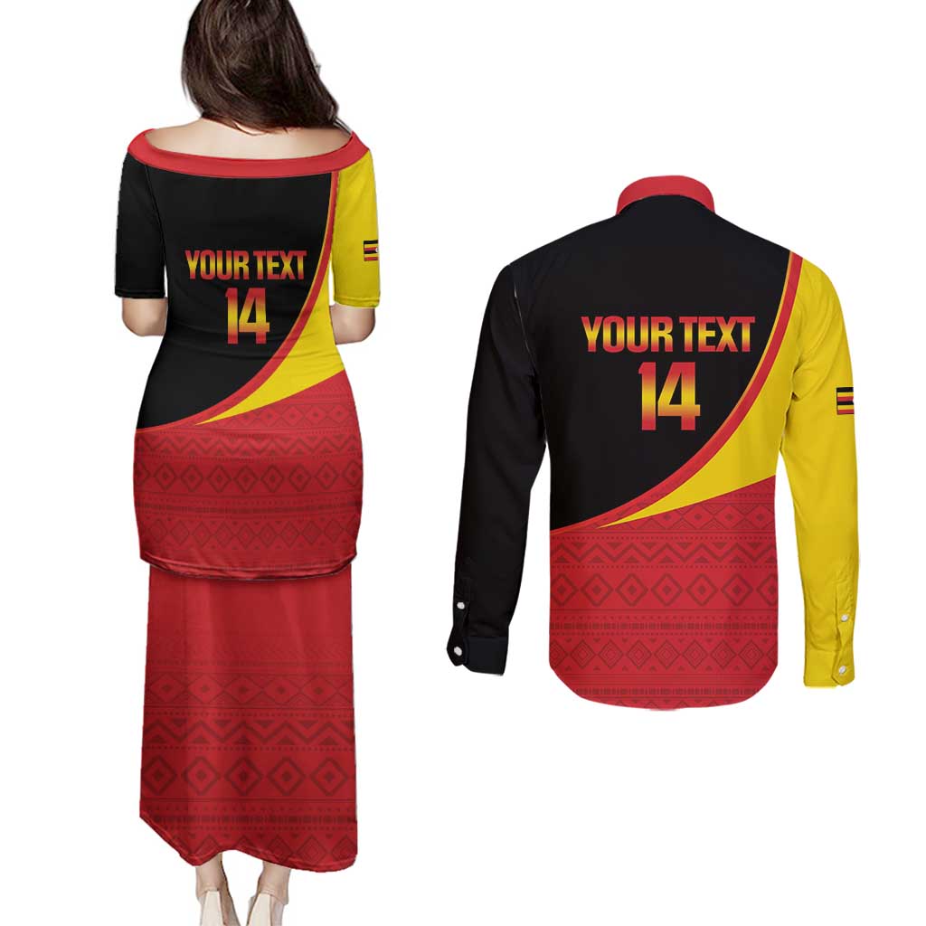 Custom Uganda Cricket Couples Matching Puletasi and Long Sleeve Button Shirt Go Cranes African Pattern - Wonder Print Shop