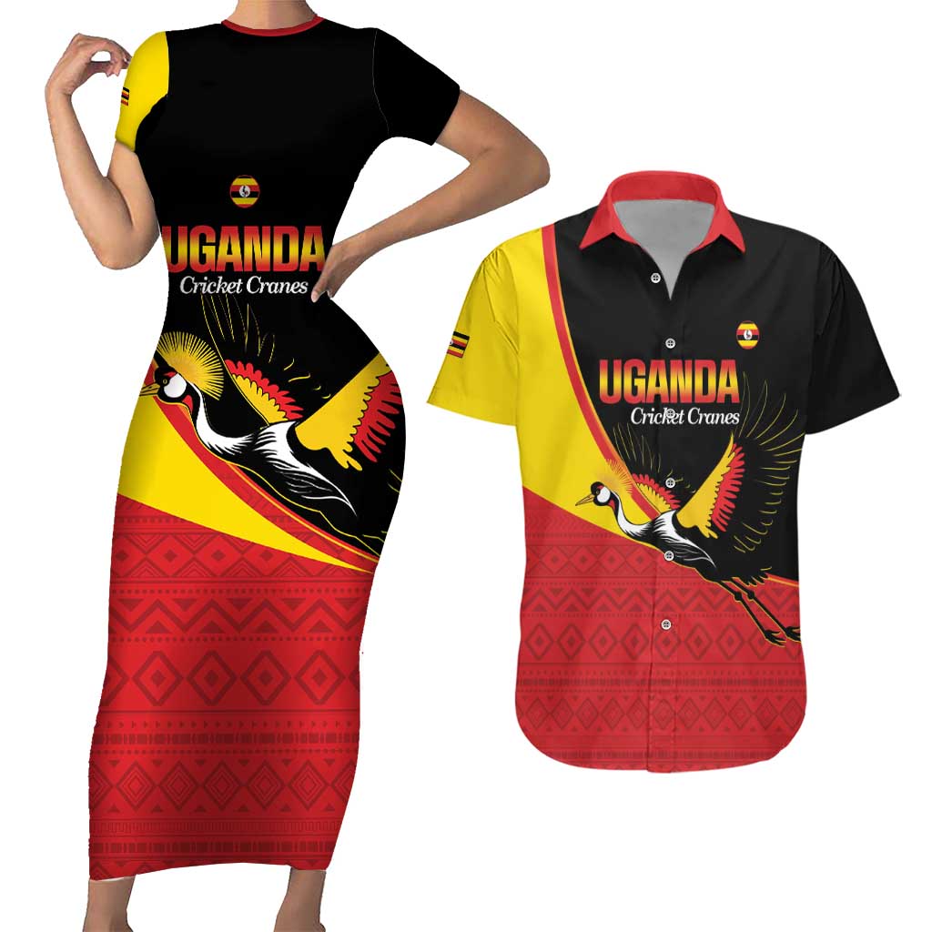Custom Uganda Cricket Couples Matching Short Sleeve Bodycon Dress and Hawaiian Shirt Go Cranes African Pattern - Wonder Print Shop