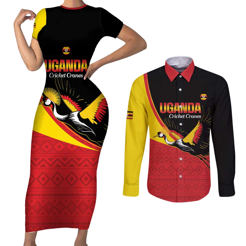 Custom Uganda Cricket Couples Matching Short Sleeve Bodycon Dress and Long Sleeve Button Shirt Go Cranes African Pattern - Wonder Print Shop