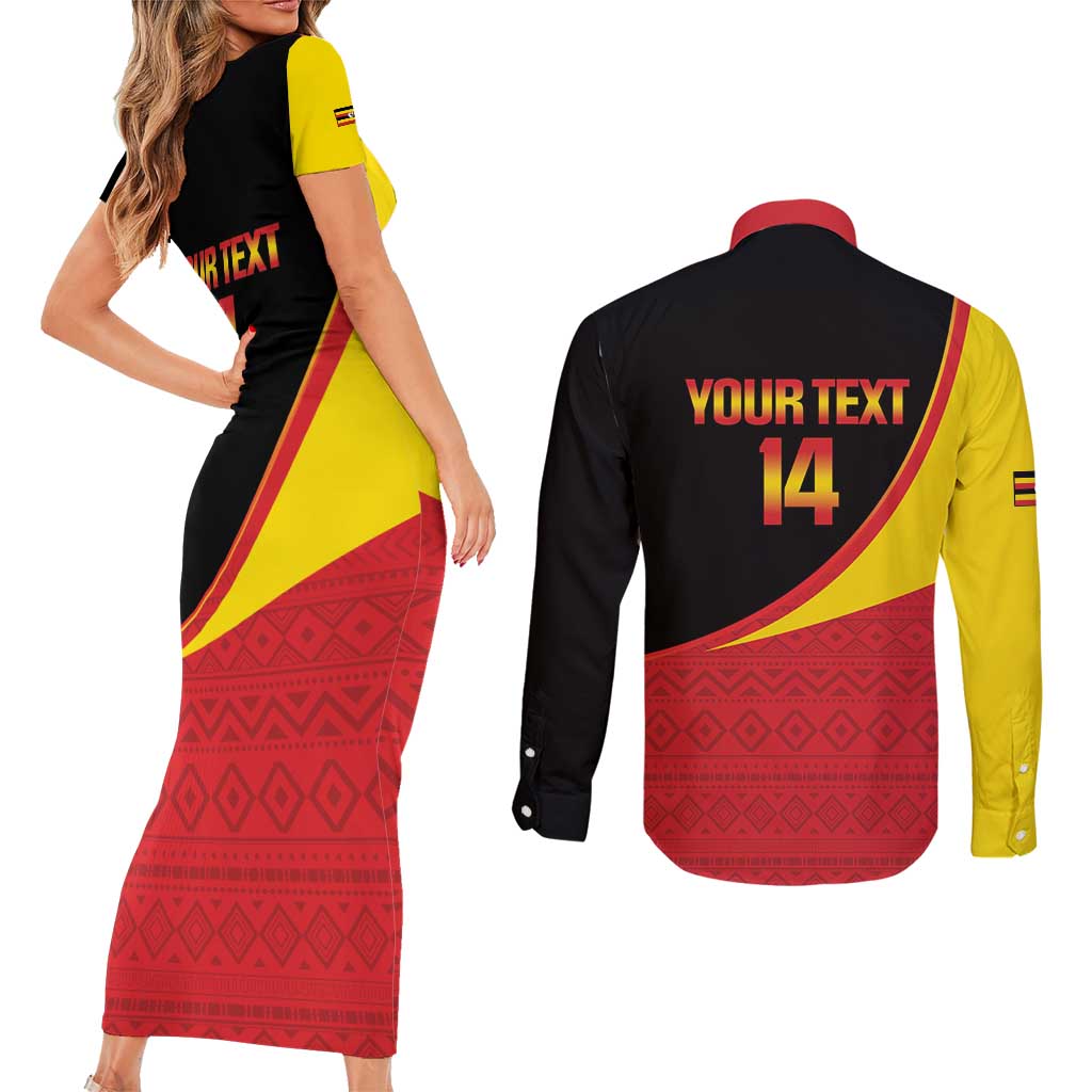 Custom Uganda Cricket Couples Matching Short Sleeve Bodycon Dress and Long Sleeve Button Shirt Go Cranes African Pattern - Wonder Print Shop