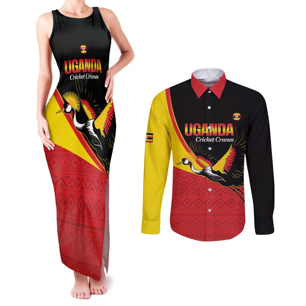 Custom Uganda Cricket Couples Matching Tank Maxi Dress and Long Sleeve Button Shirt Go Cranes African Pattern - Wonder Print Shop