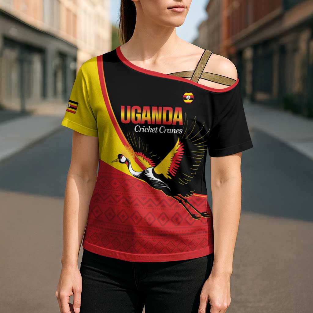 Custom Uganda Cricket Cross Shoulder Shirt Go Cranes African Pattern - Wonder Print Shop
