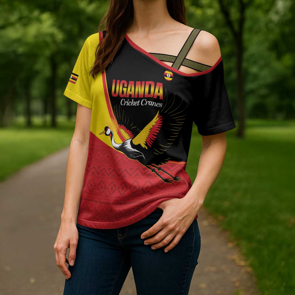 Custom Uganda Cricket Cross Shoulder Shirt Go Cranes African Pattern - Wonder Print Shop