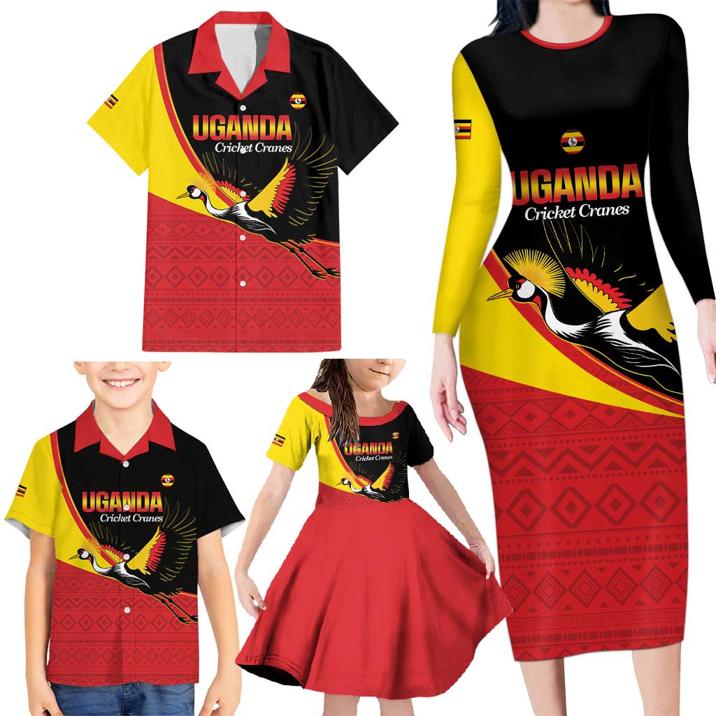 Custom Uganda Cricket Family Matching Long Sleeve Bodycon Dress and Hawaiian Shirt Go Cranes African Pattern - Wonder Print Shop