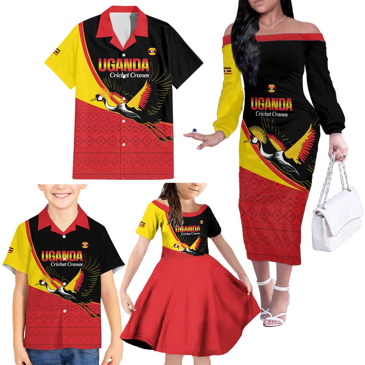 Custom Uganda Cricket Family Matching Off The Shoulder Long Sleeve Dress and Hawaiian Shirt Go Cranes African Pattern - Wonder Print Shop