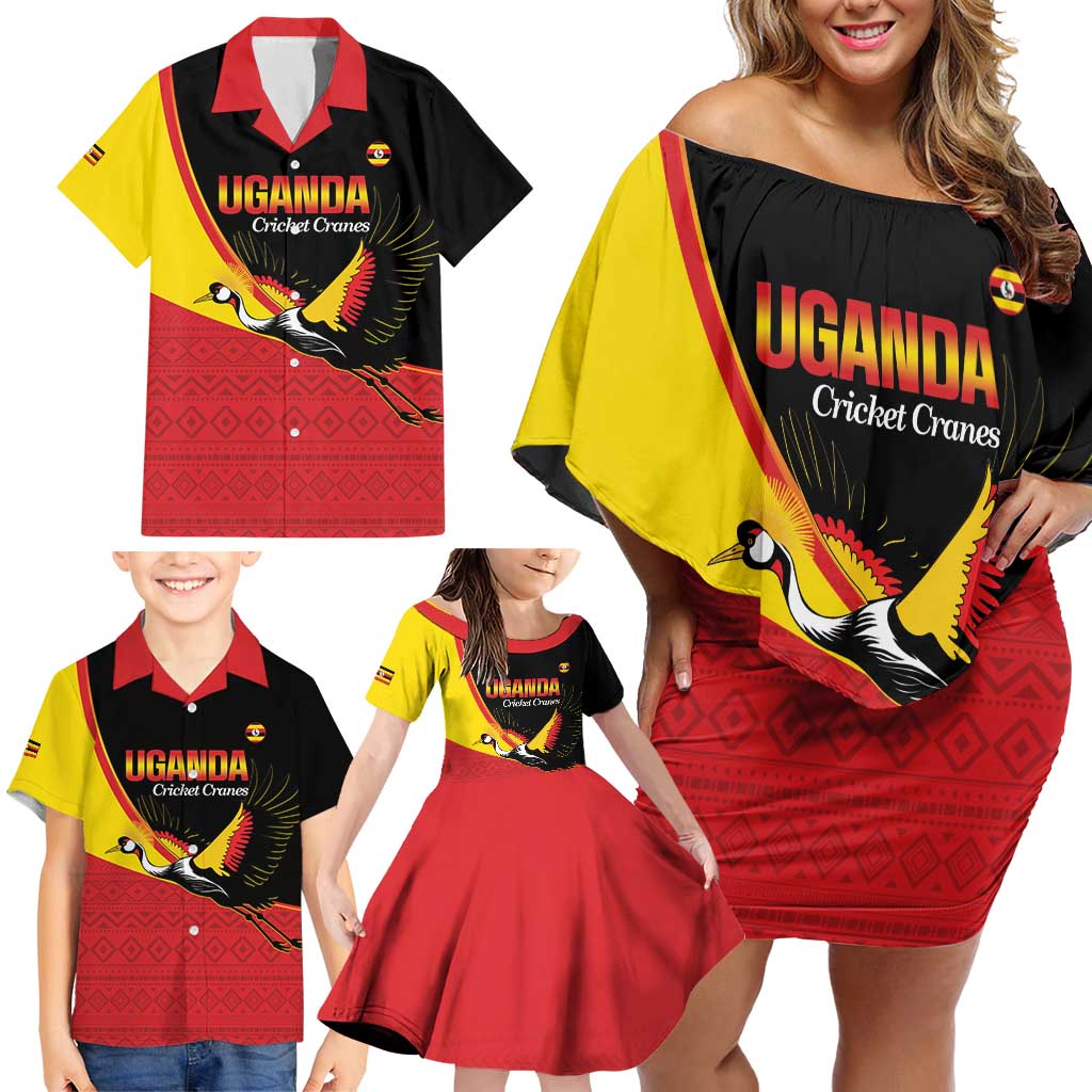 Custom Uganda Cricket Family Matching Off Shoulder Short Dress and Hawaiian Shirt Go Cranes African Pattern - Wonder Print Shop
