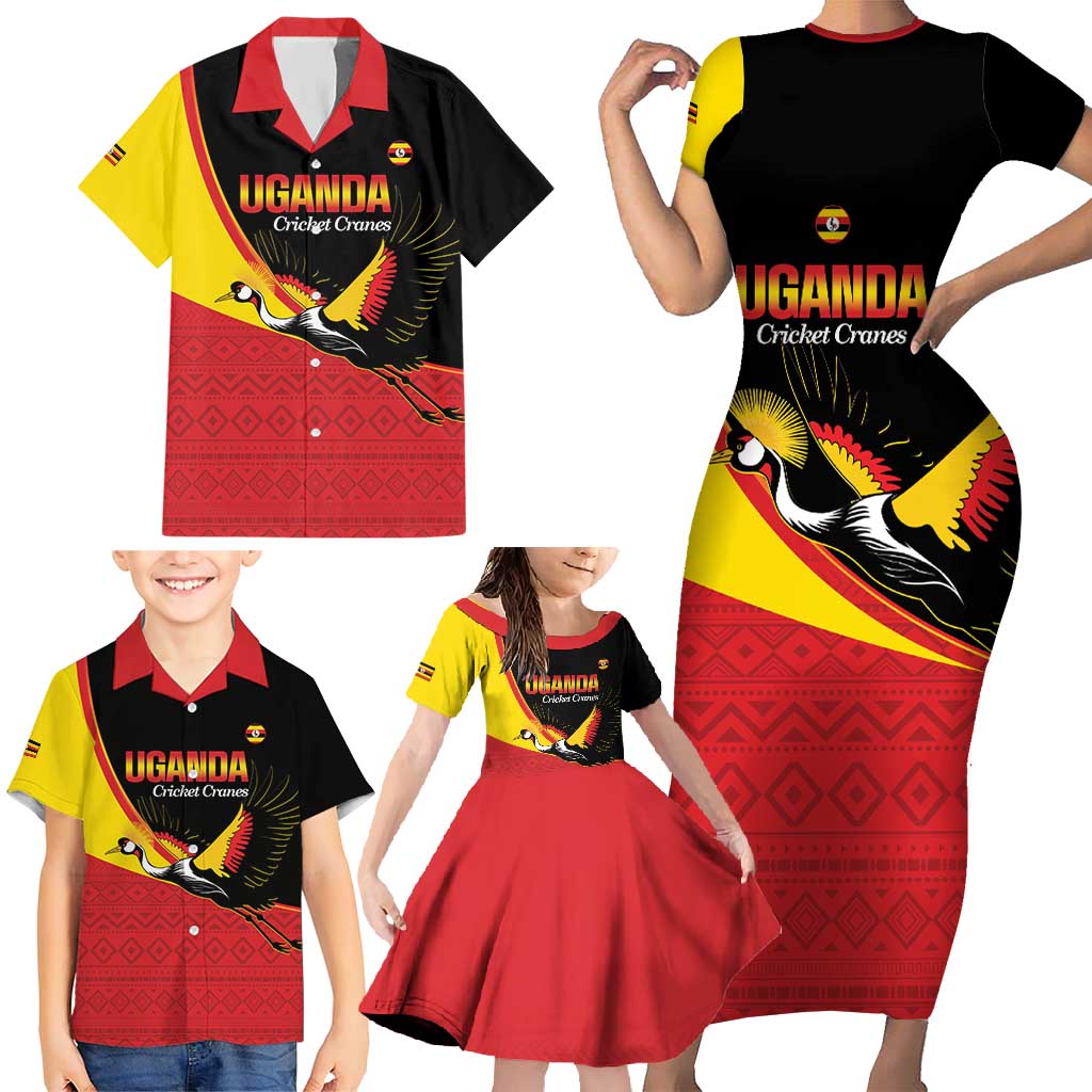 Custom Uganda Cricket Family Matching Short Sleeve Bodycon Dress and Hawaiian Shirt Go Cranes African Pattern - Wonder Print Shop