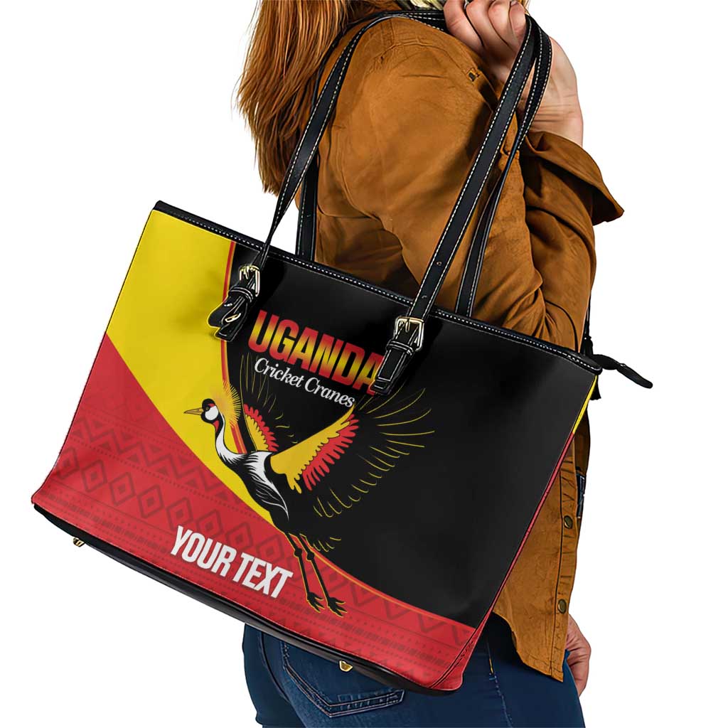 Custom Uganda Cricket Leather Tote Bag Go Cranes African Pattern - Wonder Print Shop