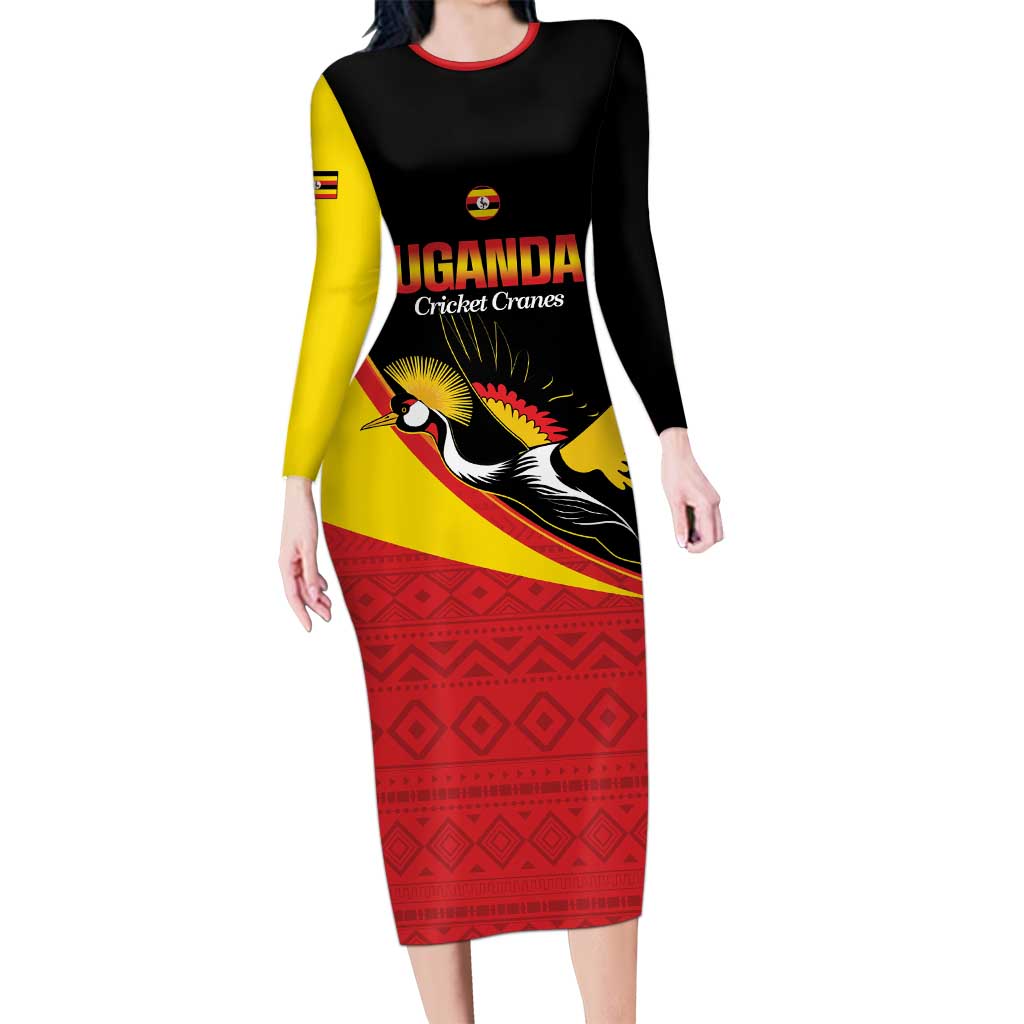 Custom Uganda Cricket Long Sleeve Bodycon Dress Go Cranes African Pattern - Wonder Print Shop