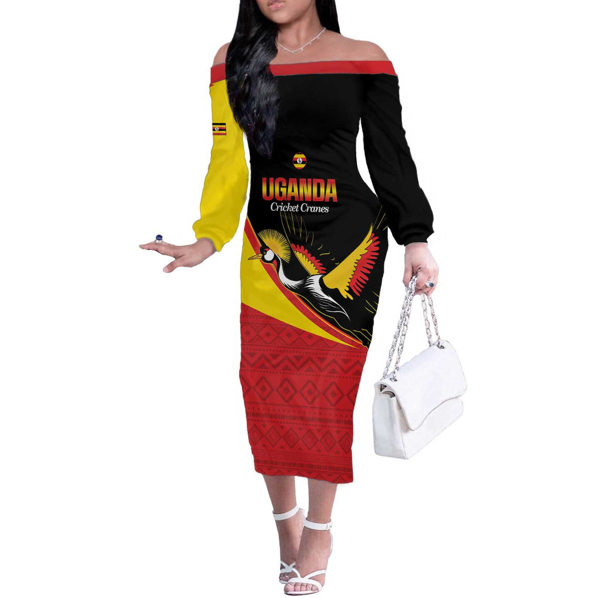 Custom Uganda Cricket Off The Shoulder Long Sleeve Dress Go Cranes African Pattern - Wonder Print Shop