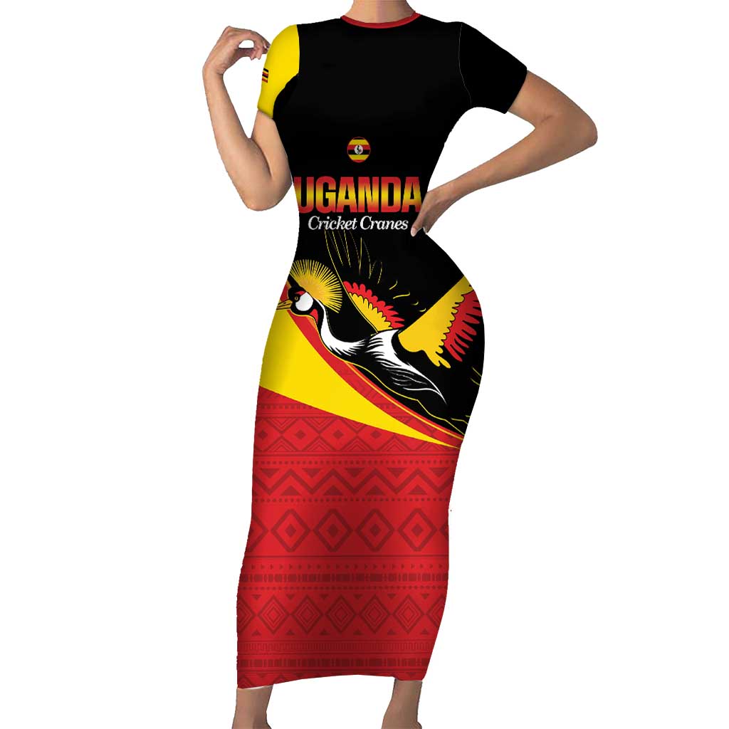 Custom Uganda Cricket Short Sleeve Bodycon Dress Go Cranes African Pattern - Wonder Print Shop