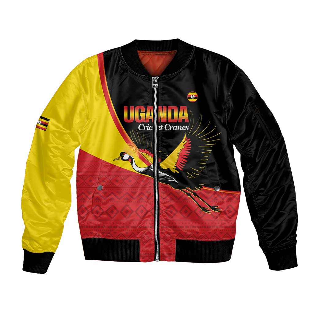 Custom Uganda Cricket Sleeve Zip Bomber Jacket Go Cranes African Pattern - Wonder Print Shop