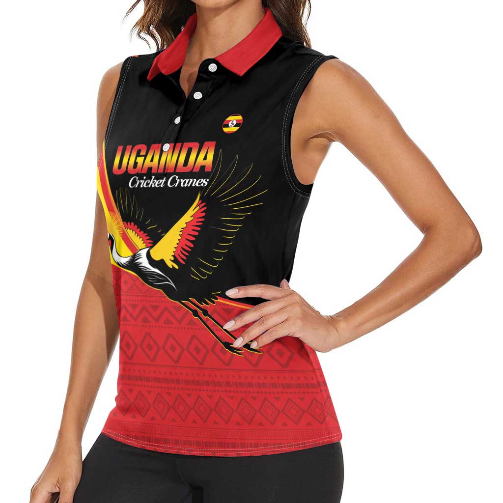 Custom Uganda Cricket Women Sleeveless Polo Shirt Go Cranes African Pattern - Wonder Print Shop