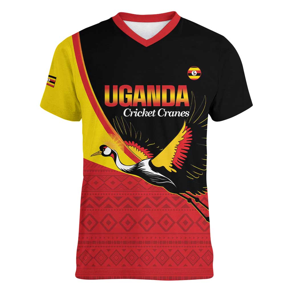 Custom Uganda Cricket Women V-Neck T-Shirt Go Cranes African Pattern - Wonder Print Shop