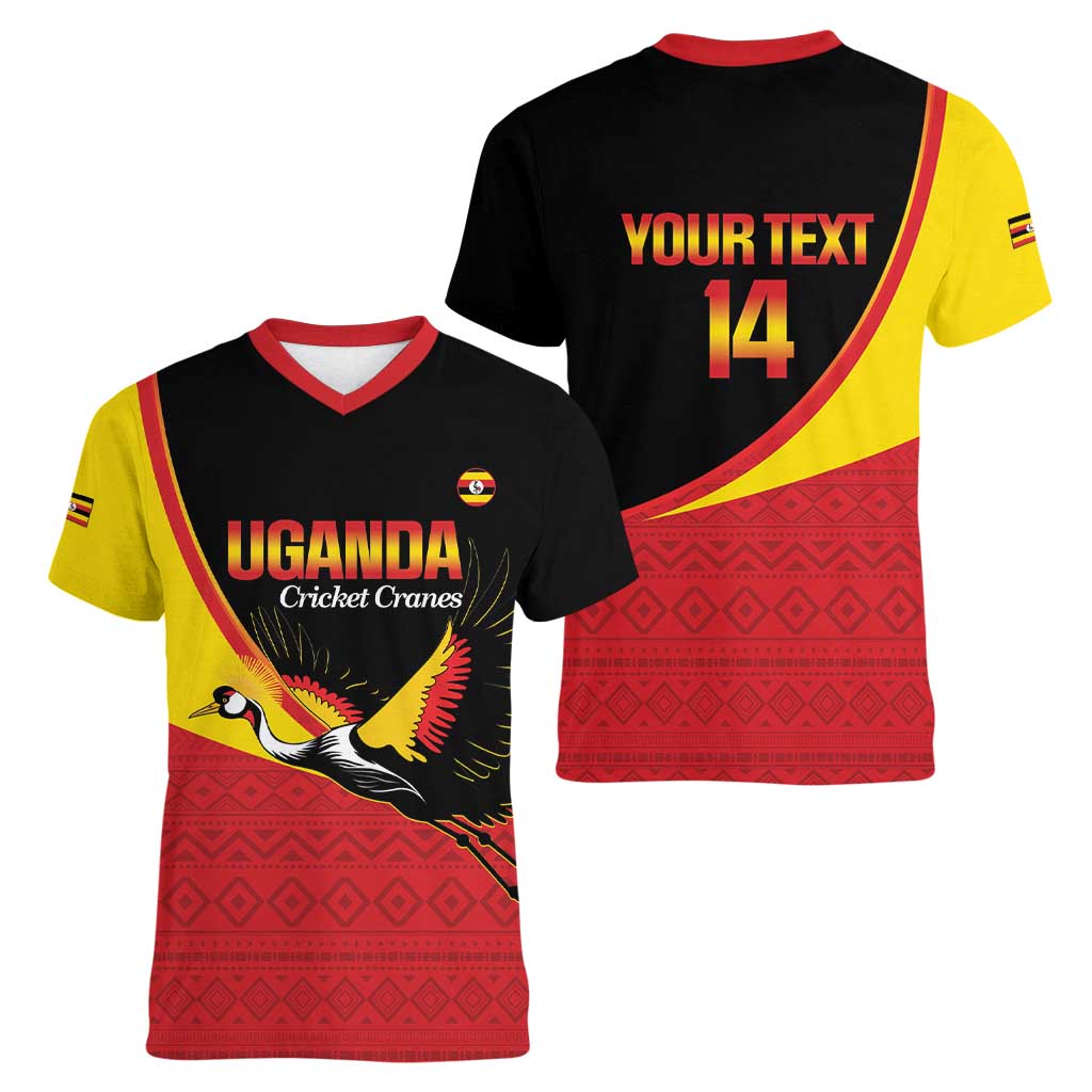 Custom Uganda Cricket Women V-Neck T-Shirt Go Cranes African Pattern - Wonder Print Shop
