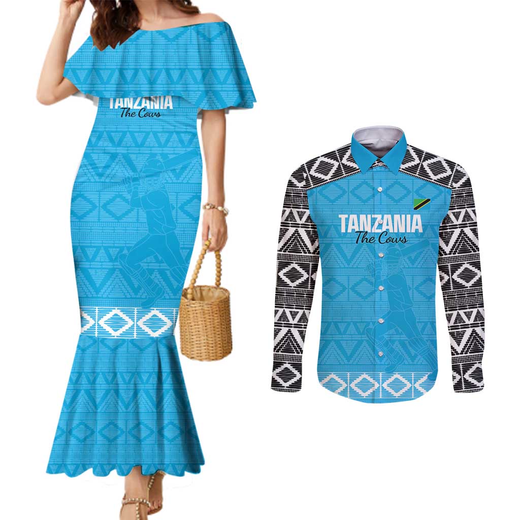 Custom Tanzania Cricket Couples Matching Mermaid Dress and Long Sleeve Button Shirt Go Cows Sporty African Pattern - Wonder Print Shop