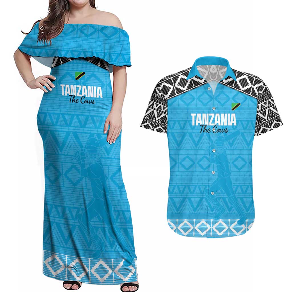 Custom Tanzania Cricket Couples Matching Off Shoulder Maxi Dress and Hawaiian Shirt Go Cows Sporty African Pattern - Wonder Print Shop