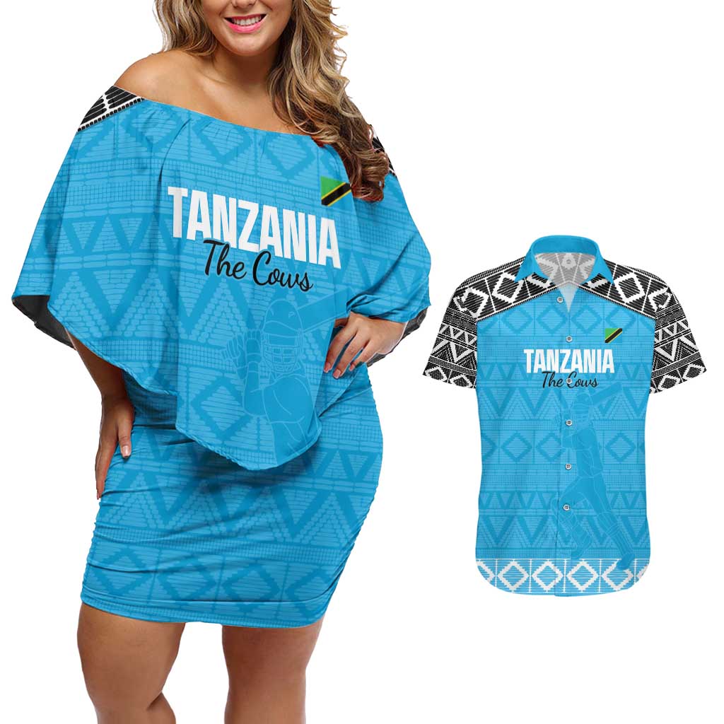 Custom Tanzania Cricket Couples Matching Off Shoulder Short Dress and Hawaiian Shirt Go Cows Sporty African Pattern - Wonder Print Shop