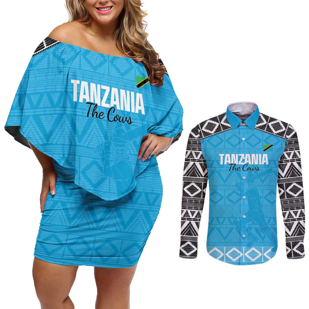 Custom Tanzania Cricket Couples Matching Off Shoulder Short Dress and Long Sleeve Button Shirt Go Cows Sporty African Pattern - Wonder Print Shop