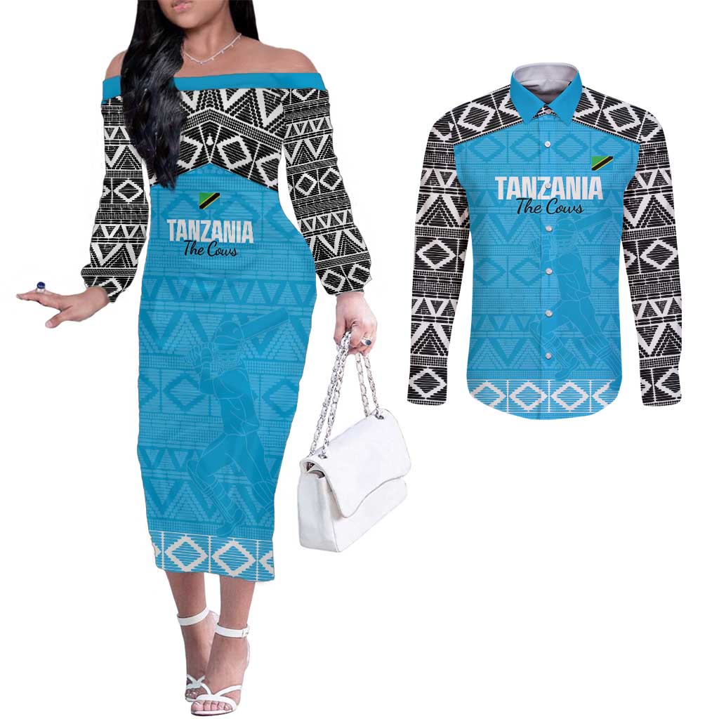Custom Tanzania Cricket Couples Matching Off The Shoulder Long Sleeve Dress and Long Sleeve Button Shirt Go Cows Sporty African Pattern - Wonder Print Shop