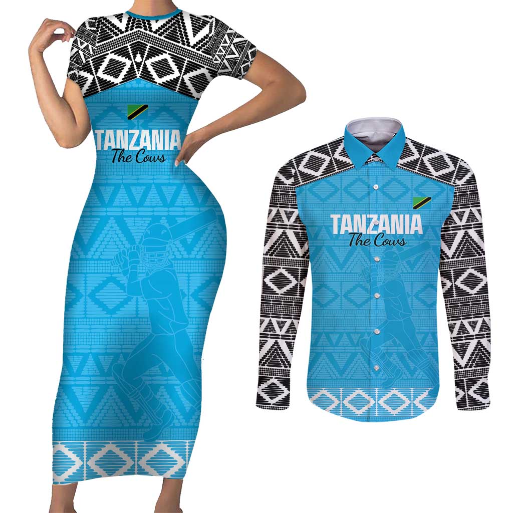 Custom Tanzania Cricket Couples Matching Short Sleeve Bodycon Dress and Long Sleeve Button Shirt Go Cows Sporty African Pattern - Wonder Print Shop