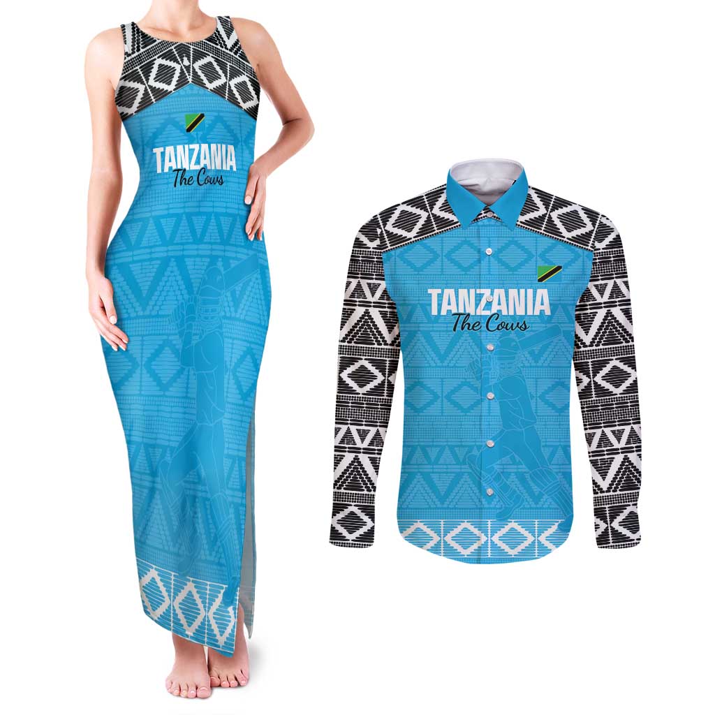 Custom Tanzania Cricket Couples Matching Tank Maxi Dress and Long Sleeve Button Shirt Go Cows Sporty African Pattern - Wonder Print Shop