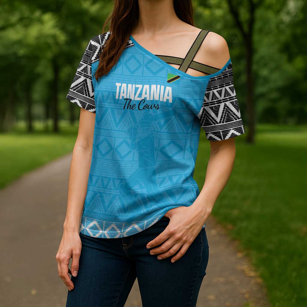 Custom Tanzania Cricket Cross Shoulder Shirt Go Cows Sporty African Pattern - Wonder Print Shop