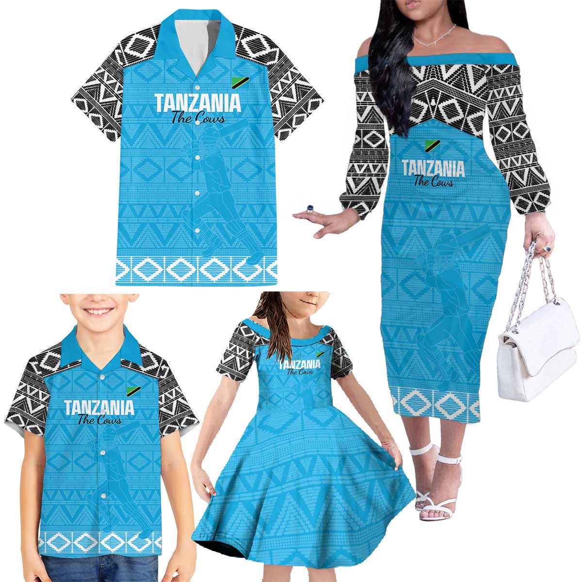 Custom Tanzania Cricket Family Matching Off The Shoulder Long Sleeve Dress and Hawaiian Shirt Go Cows Sporty African Pattern - Wonder Print Shop