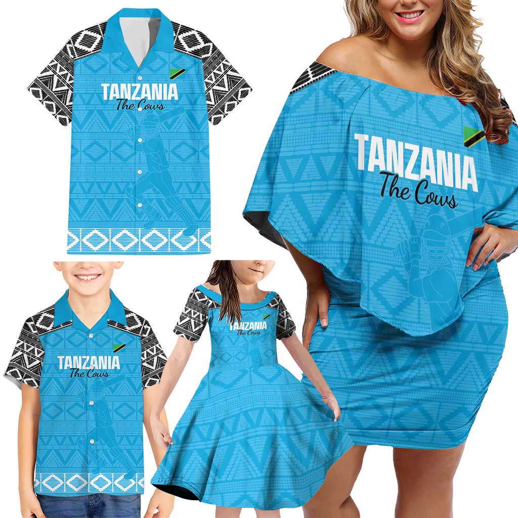 Custom Tanzania Cricket Family Matching Off Shoulder Short Dress and Hawaiian Shirt Go Cows Sporty African Pattern - Wonder Print Shop