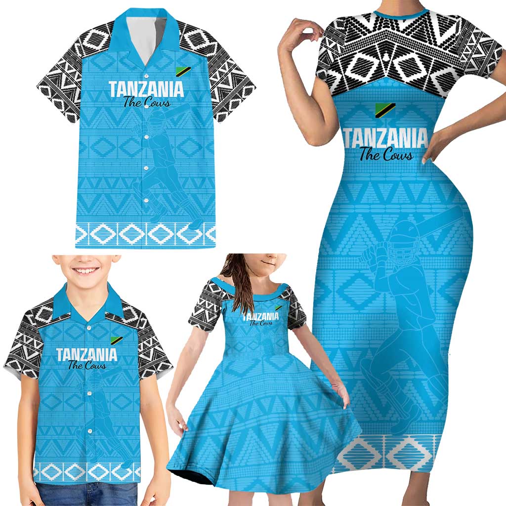 Custom Tanzania Cricket Family Matching Short Sleeve Bodycon Dress and Hawaiian Shirt Go Cows Sporty African Pattern - Wonder Print Shop