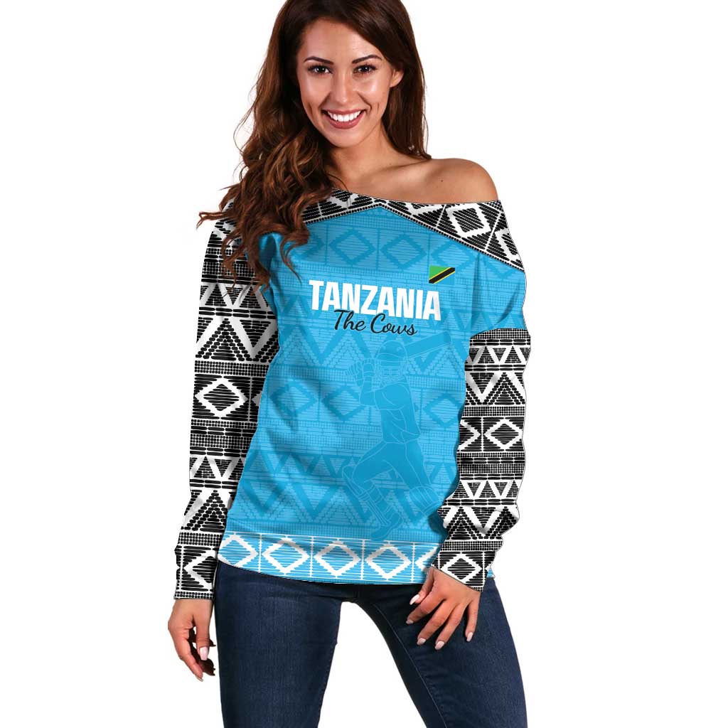 Custom Tanzania Cricket Off Shoulder Sweater Go Cows Sporty African Pattern - Wonder Print Shop