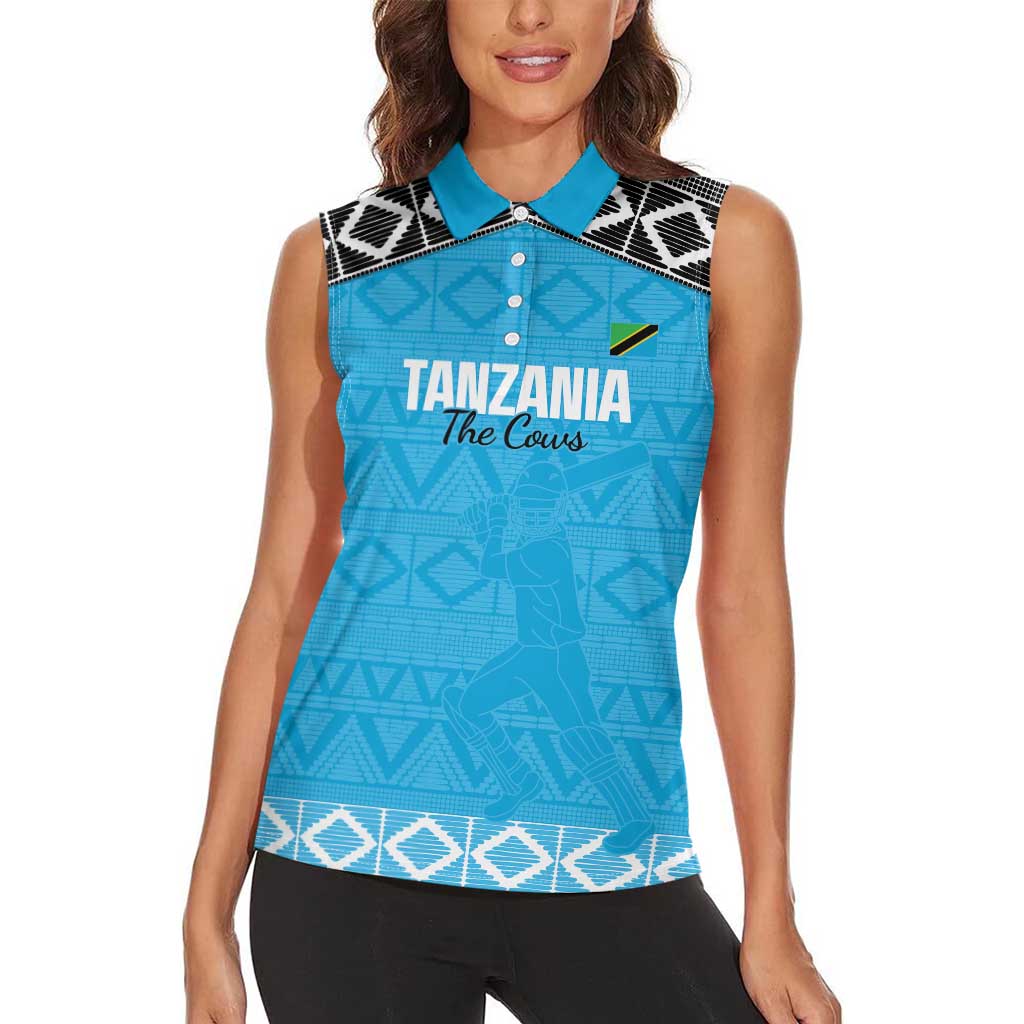 Custom Tanzania Cricket Women Sleeveless Polo Shirt Go Cows Sporty African Pattern - Wonder Print Shop