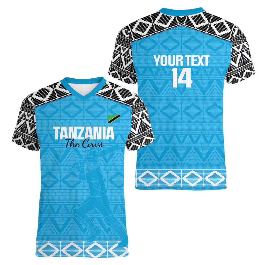 Custom Tanzania Cricket Women V-Neck T-Shirt Go Cows Sporty African Pattern - Wonder Print Shop