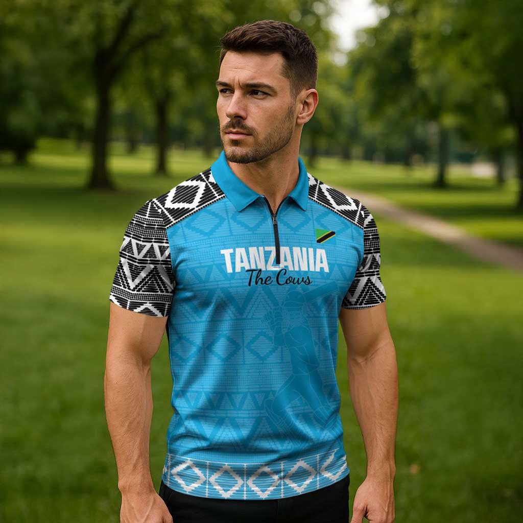 Custom Tanzania Cricket Zipper Polo Shirt Go Cows Sporty African Pattern - Wonder Print Shop
