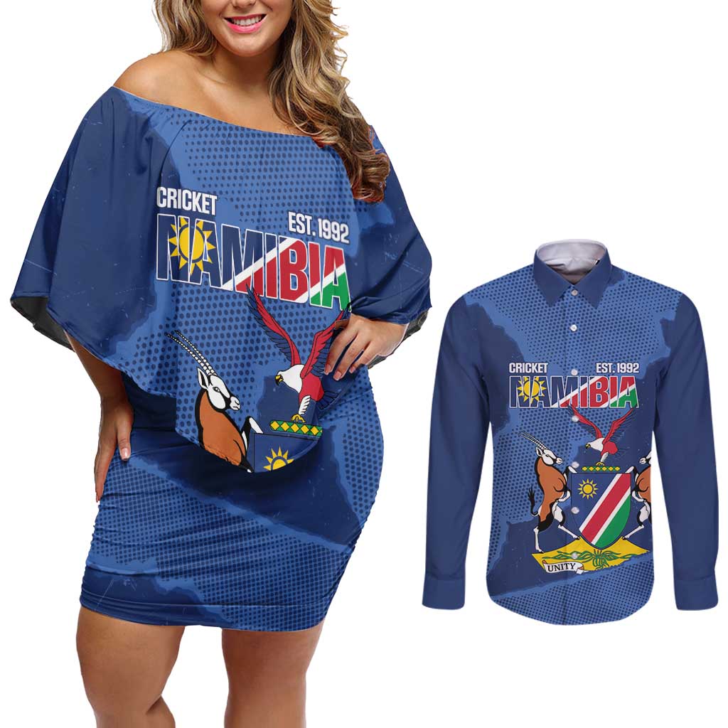 Custom Namibia Cricket Couples Matching Off Shoulder Short Dress and Long Sleeve Button Shirt Go Eagles Est 1992 - Wonder Print Shop