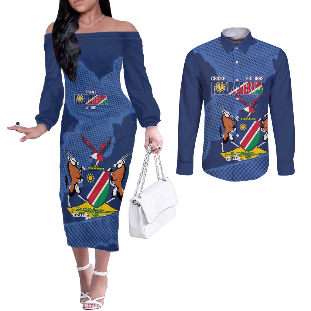 Custom Namibia Cricket Couples Matching Off The Shoulder Long Sleeve Dress and Long Sleeve Button Shirt Go Eagles Est 1992 - Wonder Print Shop