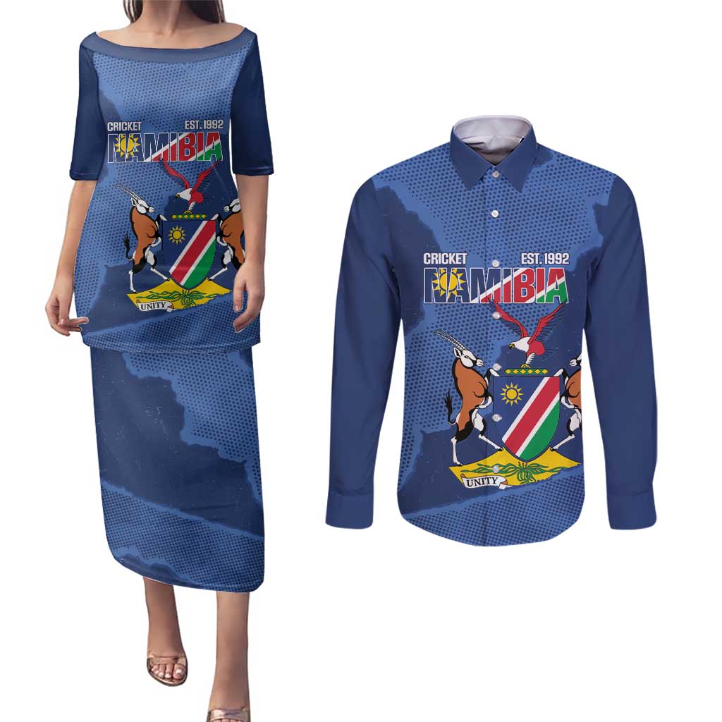Custom Namibia Cricket Couples Matching Puletasi and Long Sleeve Button Shirt Go Eagles Est 1992 - Wonder Print Shop