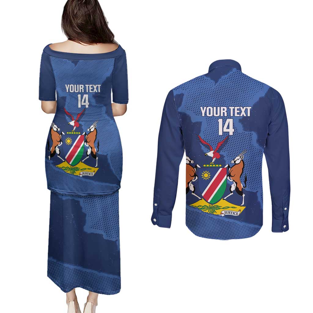 Custom Namibia Cricket Couples Matching Puletasi and Long Sleeve Button Shirt Go Eagles Est 1992 - Wonder Print Shop