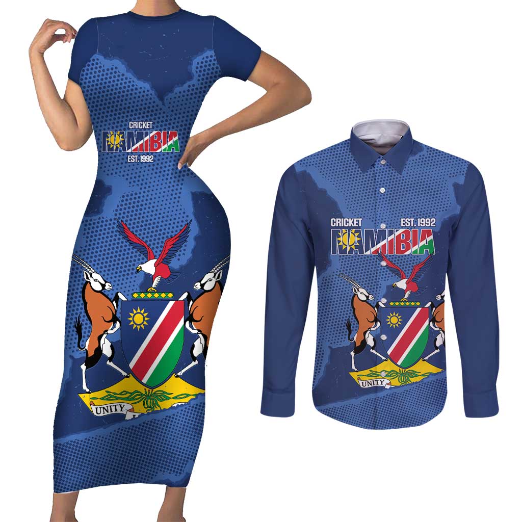 Custom Namibia Cricket Couples Matching Short Sleeve Bodycon Dress and Long Sleeve Button Shirt Go Eagles Est 1992 - Wonder Print Shop