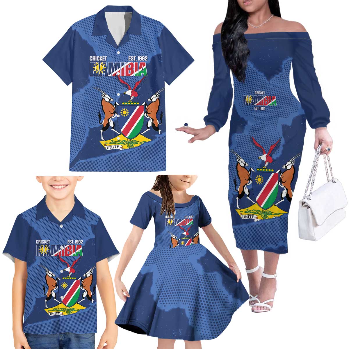 Custom Namibia Cricket Family Matching Off The Shoulder Long Sleeve Dress and Hawaiian Shirt Go Eagles Est 1992 - Wonder Print Shop