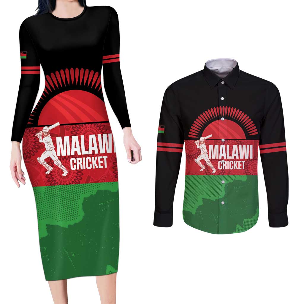 Custom Malawi Cricket Couples Matching Long Sleeve Bodycon Dress and Long Sleeve Button Shirt Go Champions Flag Style - Wonder Print Shop