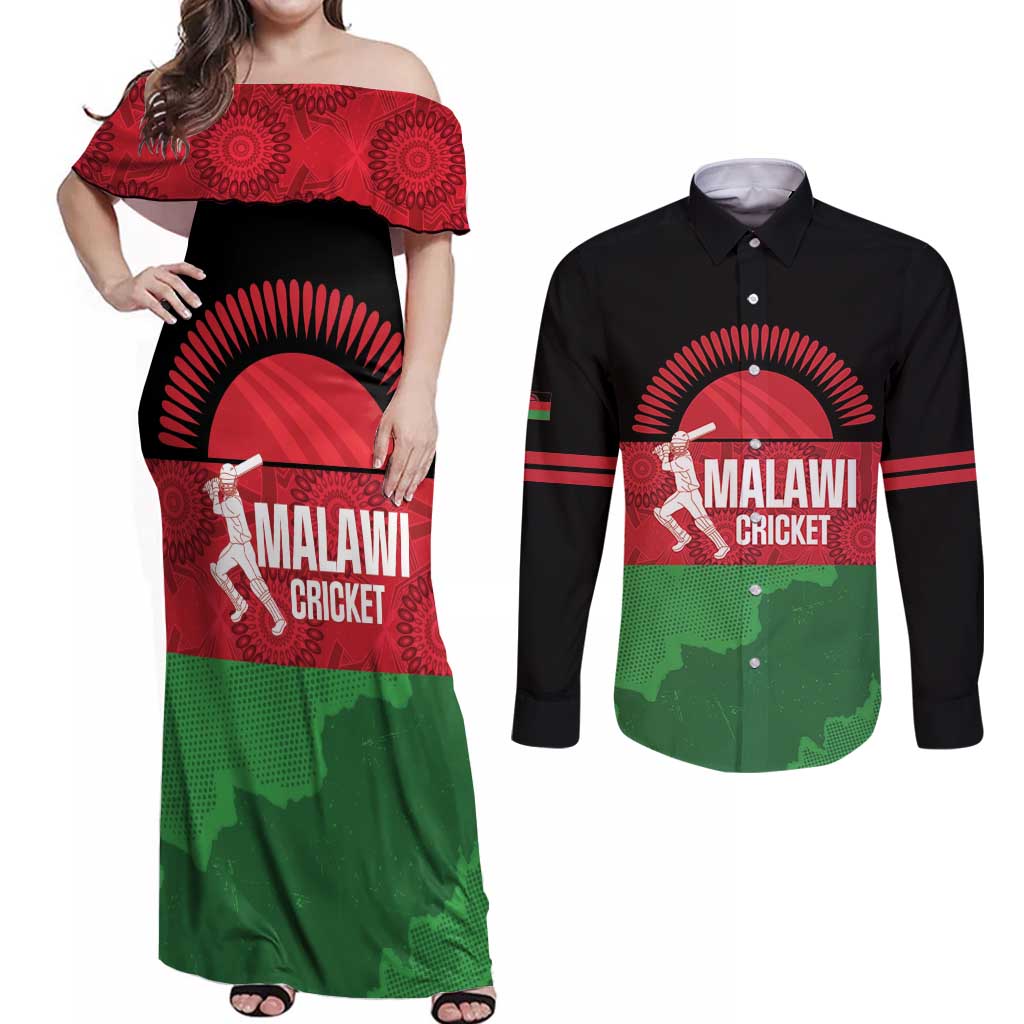 Custom Malawi Cricket Couples Matching Off Shoulder Maxi Dress and Long Sleeve Button Shirt Go Champions Flag Style - Wonder Print Shop