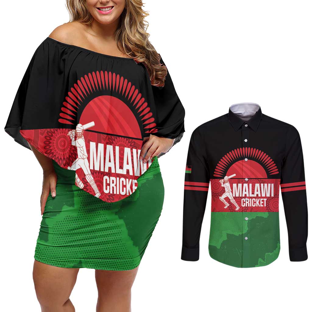Custom Malawi Cricket Couples Matching Off Shoulder Short Dress and Long Sleeve Button Shirt Go Champions Flag Style - Wonder Print Shop