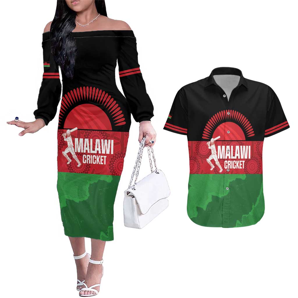 Custom Malawi Cricket Couples Matching Off The Shoulder Long Sleeve Dress and Hawaiian Shirt Go Champions Flag Style - Wonder Print Shop