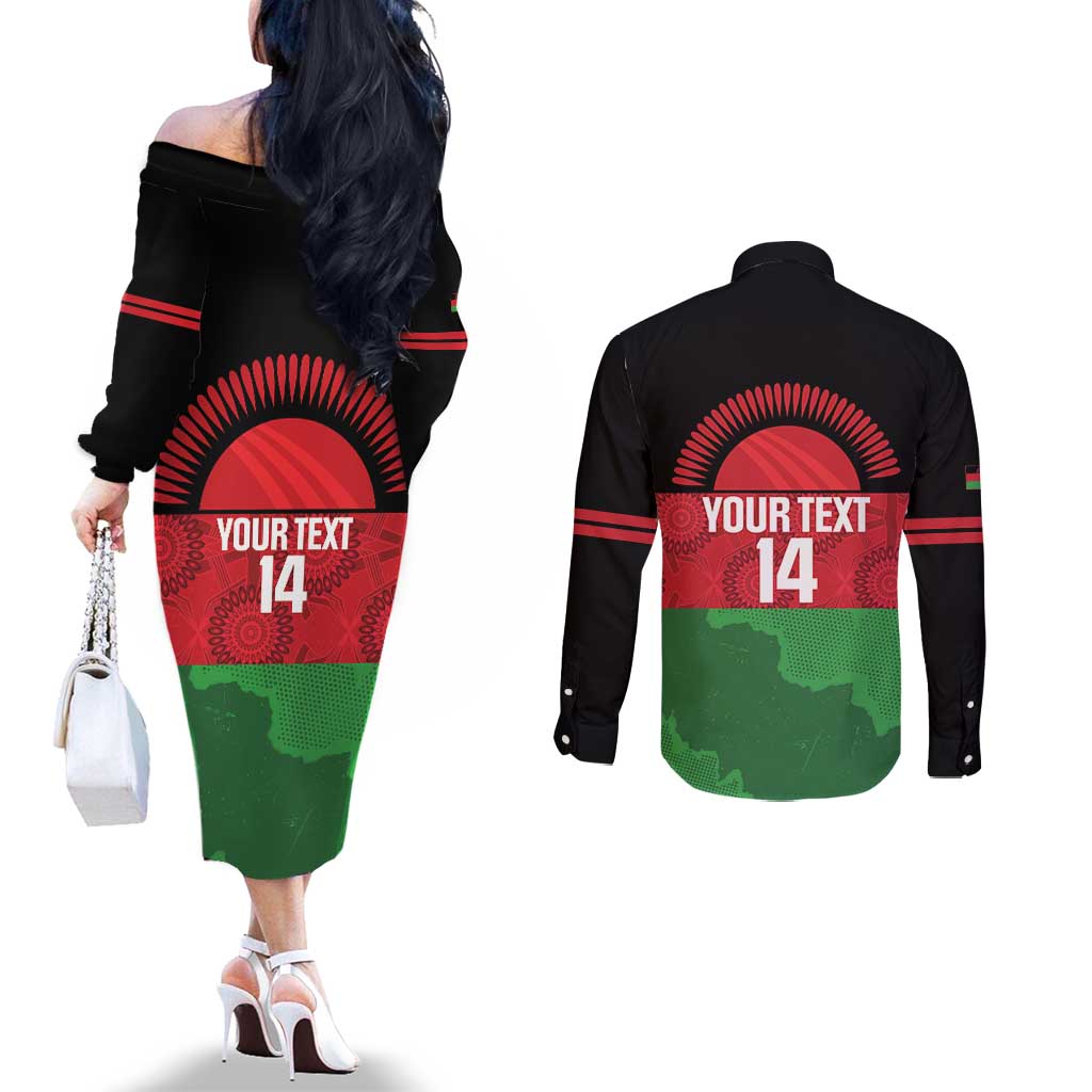 Custom Malawi Cricket Couples Matching Off The Shoulder Long Sleeve Dress and Long Sleeve Button Shirt Go Champions Flag Style - Wonder Print Shop