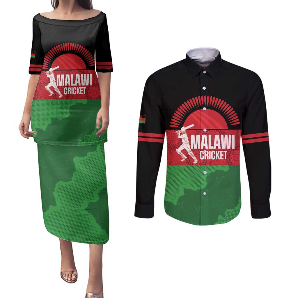 Custom Malawi Cricket Couples Matching Puletasi and Long Sleeve Button Shirt Go Champions Flag Style - Wonder Print Shop