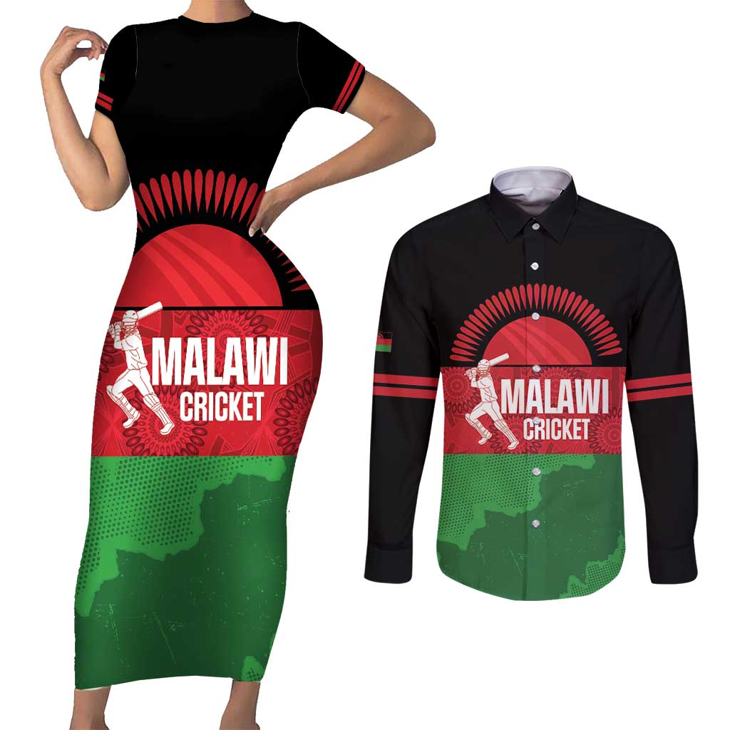Custom Malawi Cricket Couples Matching Short Sleeve Bodycon Dress and Long Sleeve Button Shirt Go Champions Flag Style - Wonder Print Shop
