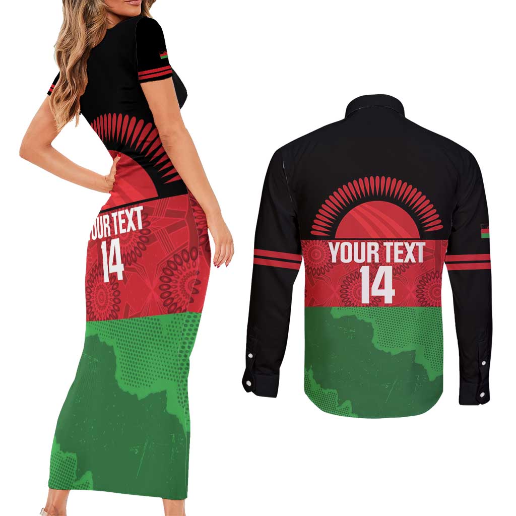 Custom Malawi Cricket Couples Matching Short Sleeve Bodycon Dress and Long Sleeve Button Shirt Go Champions Flag Style - Wonder Print Shop