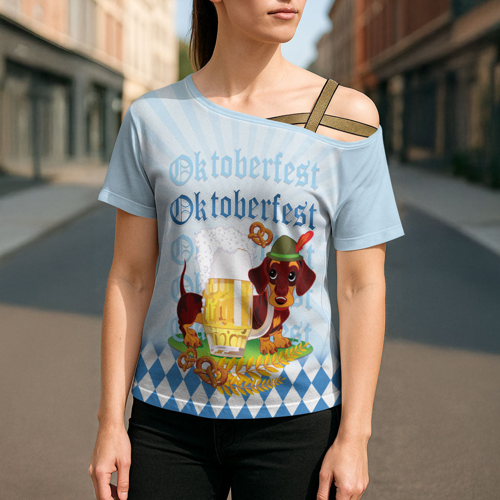 Germany Oktoberfest Cross Shoulder Shirt Dachshund Beer and Bavarian Pretzel